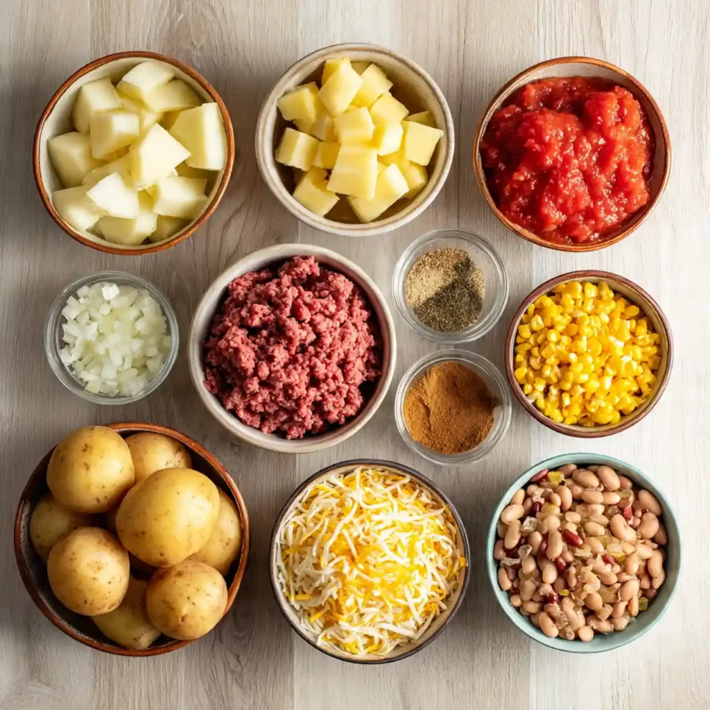 flat lay of ingredients for slow cooker cowboy casserole