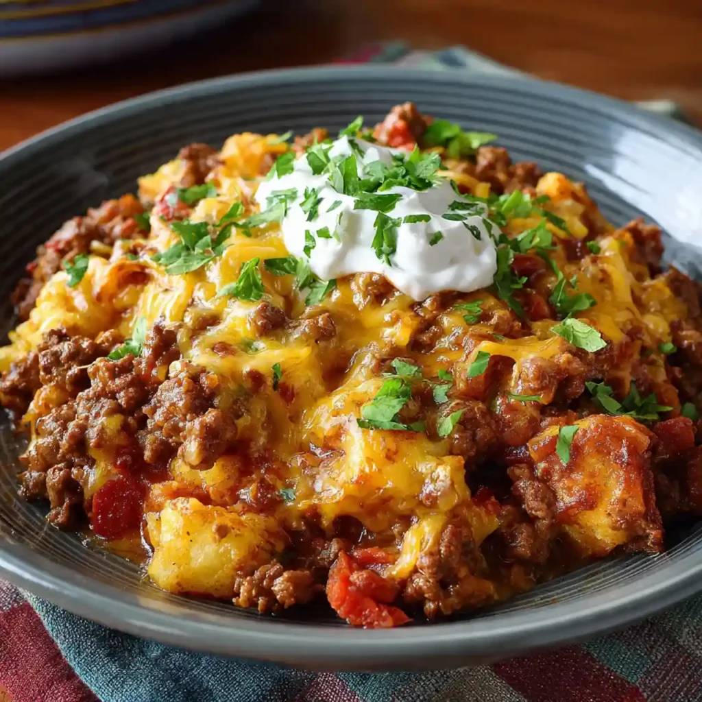 Slow Cooker Cowboy Casserole served with green onions