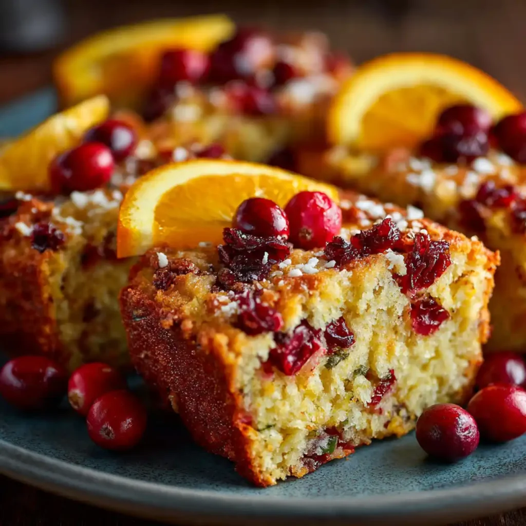 Close-up of cranberry orange cake slice with cranberries visible