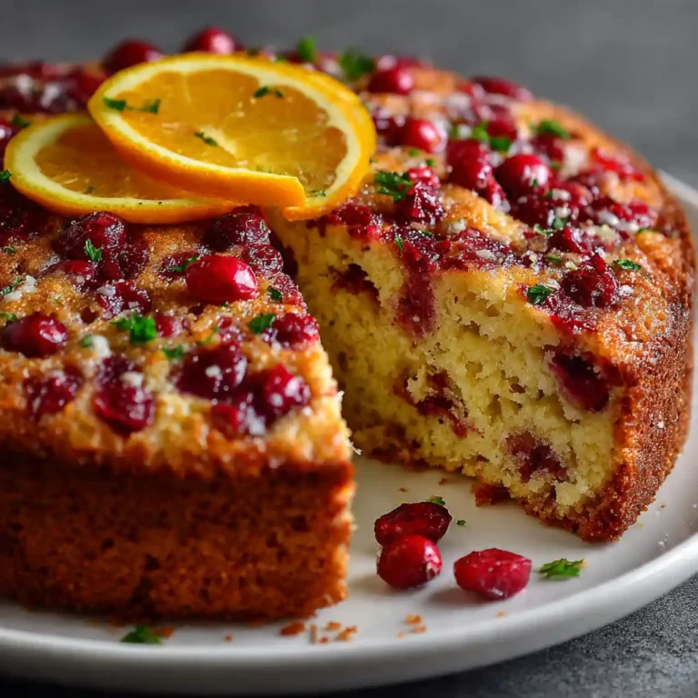 Cranberry orange breakfast cake with powdered sugar on top