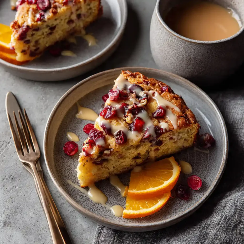 Sliced cranberry orange breakfast cake served on a plate