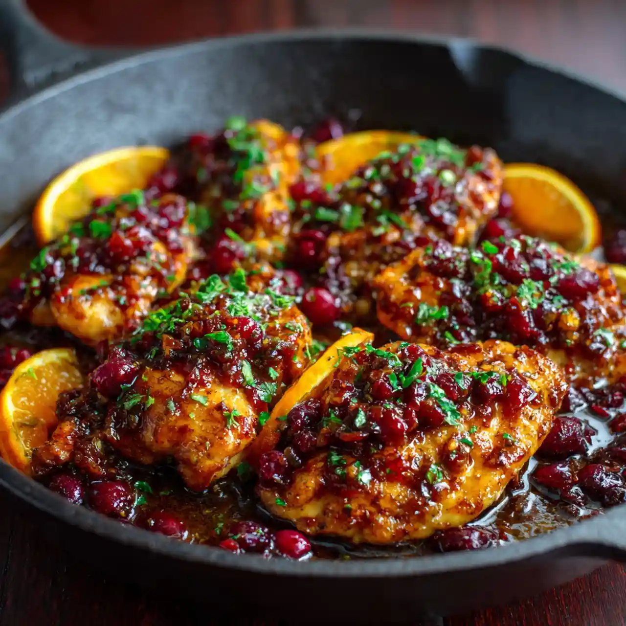 Cranberry orange chicken served on a plate with glaze