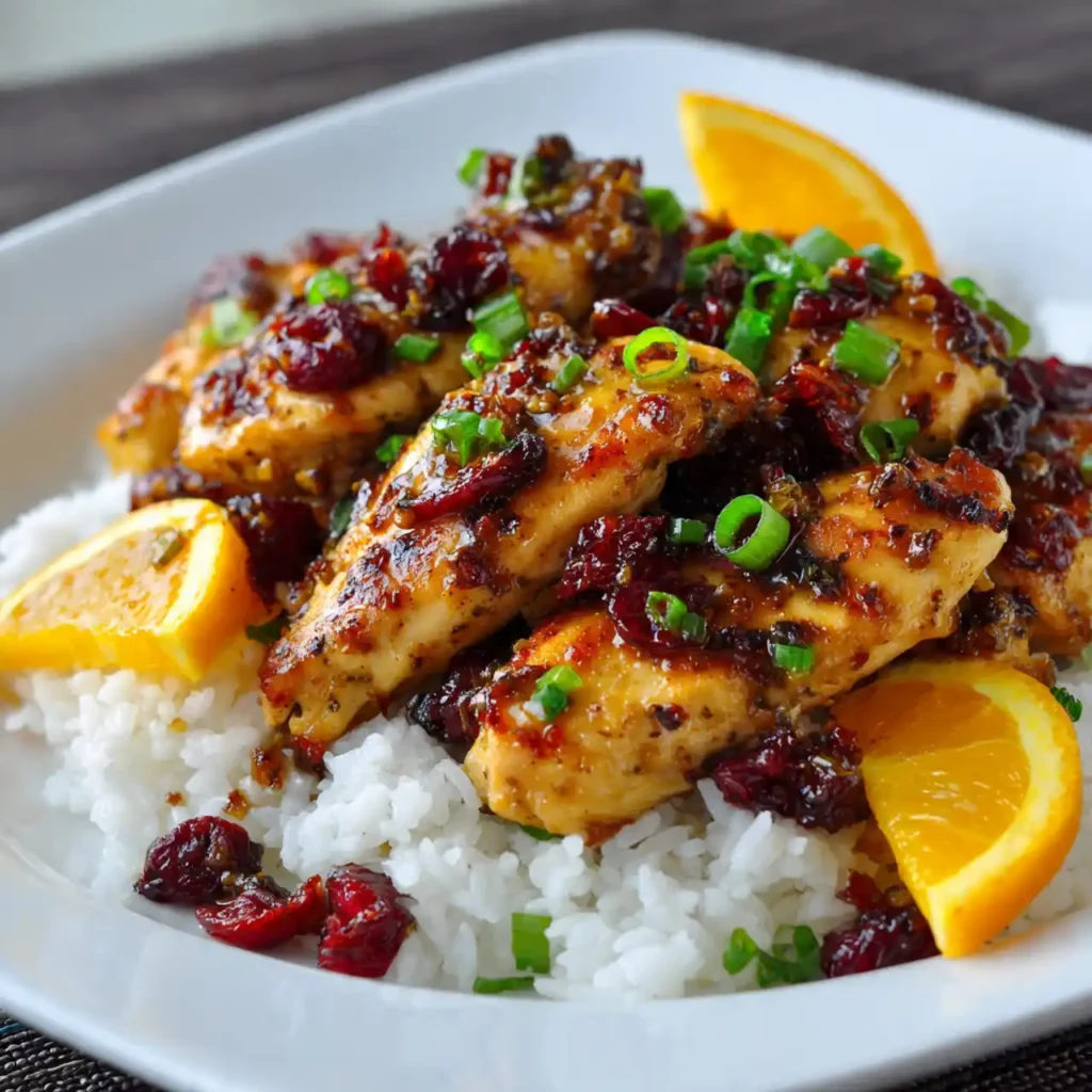 Plated cranberry orange chicken with rice