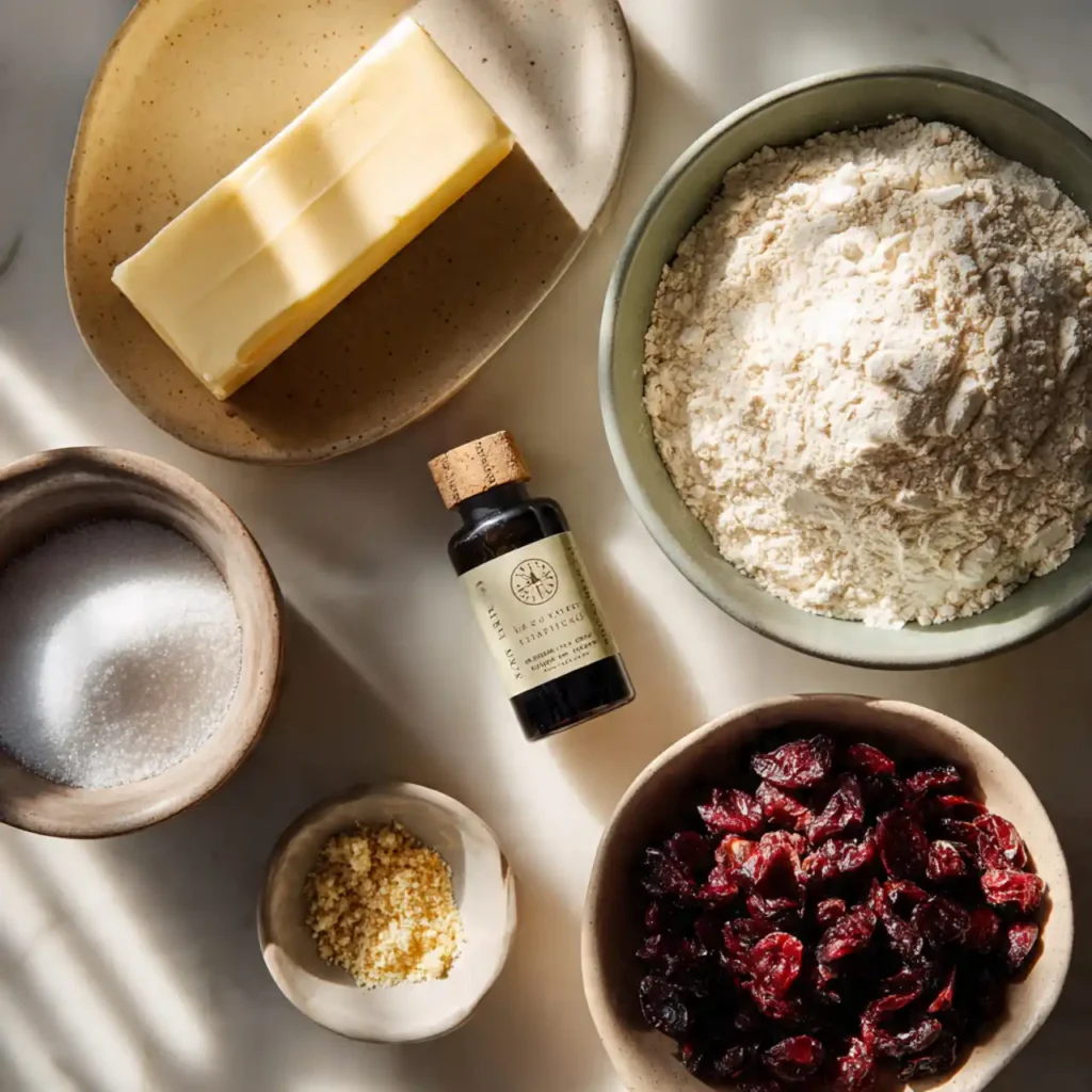 flat lay of ingredients for cranberry shortbread cookies