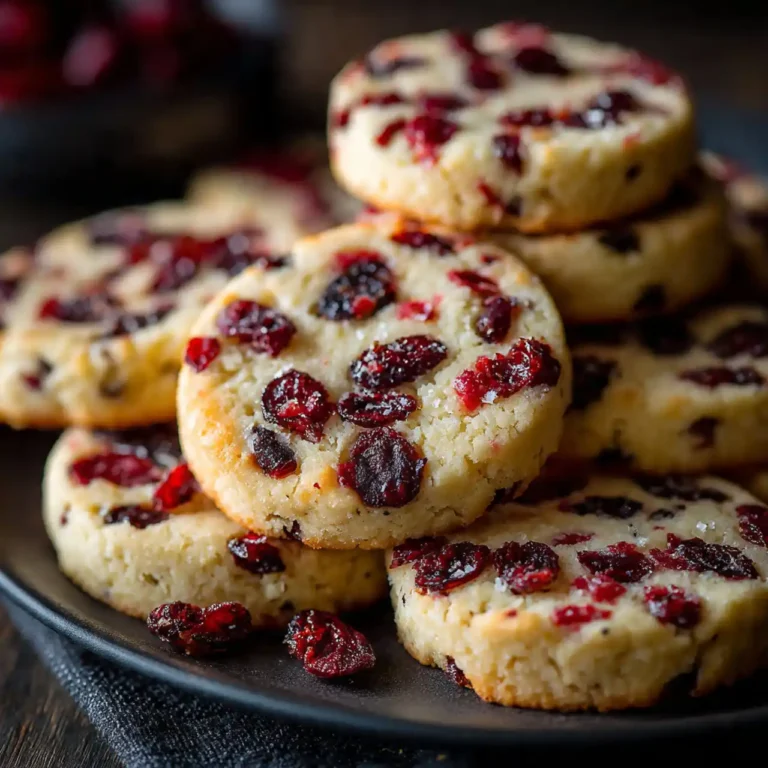 stack of buttery cranberry shortbread cookies on a plate