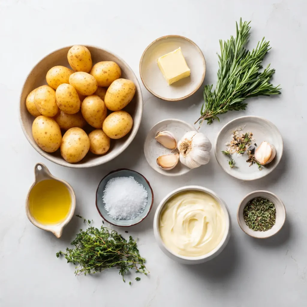 flat lay of ingredients for creamy garlic sauce baby potatoes