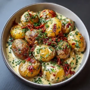 creamy garlic baby potatoes served with fresh herbs