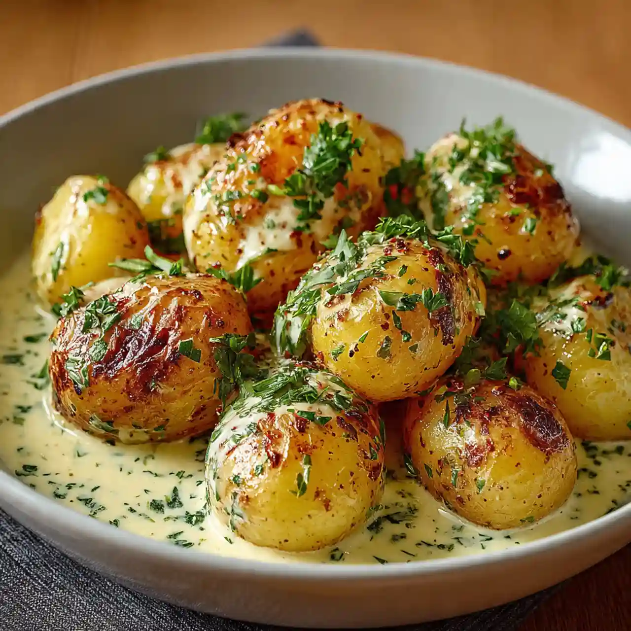 creamy garlic sauce baby potatoes in a bowl with parsley garnish