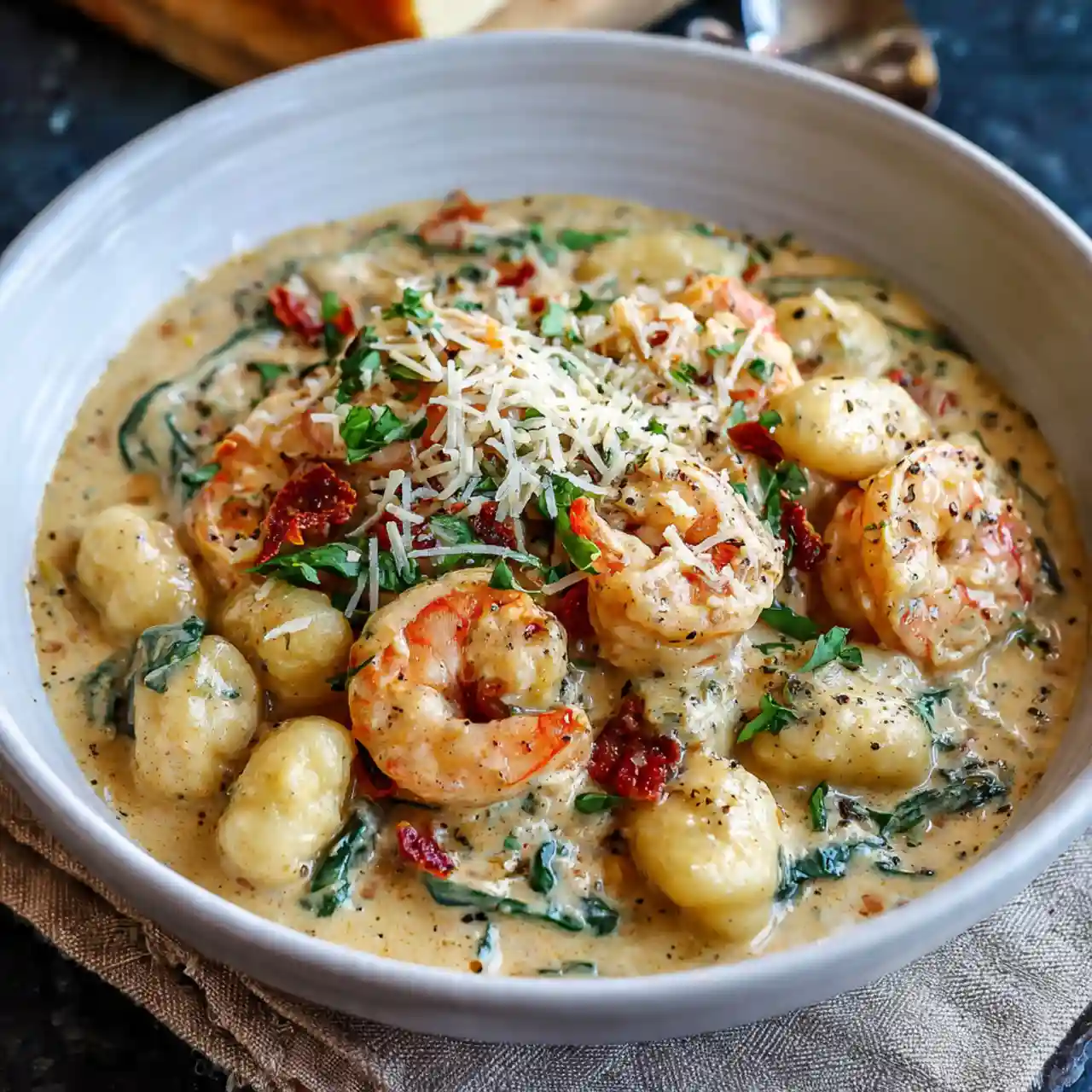creamy shrimp and gnocchi with garlic parmesan