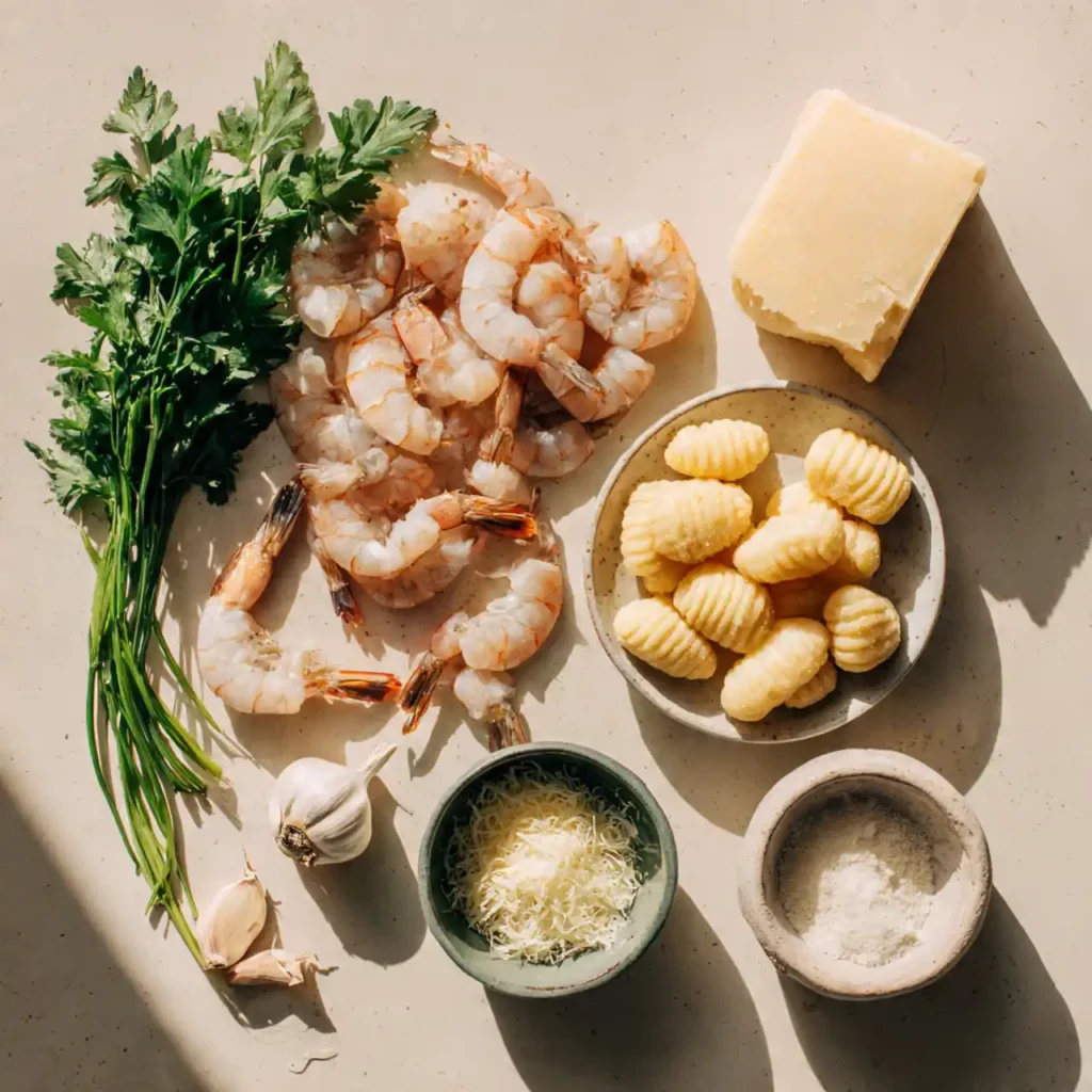 ingredients for creamy shrimp and gnocchi with garlic parmesan