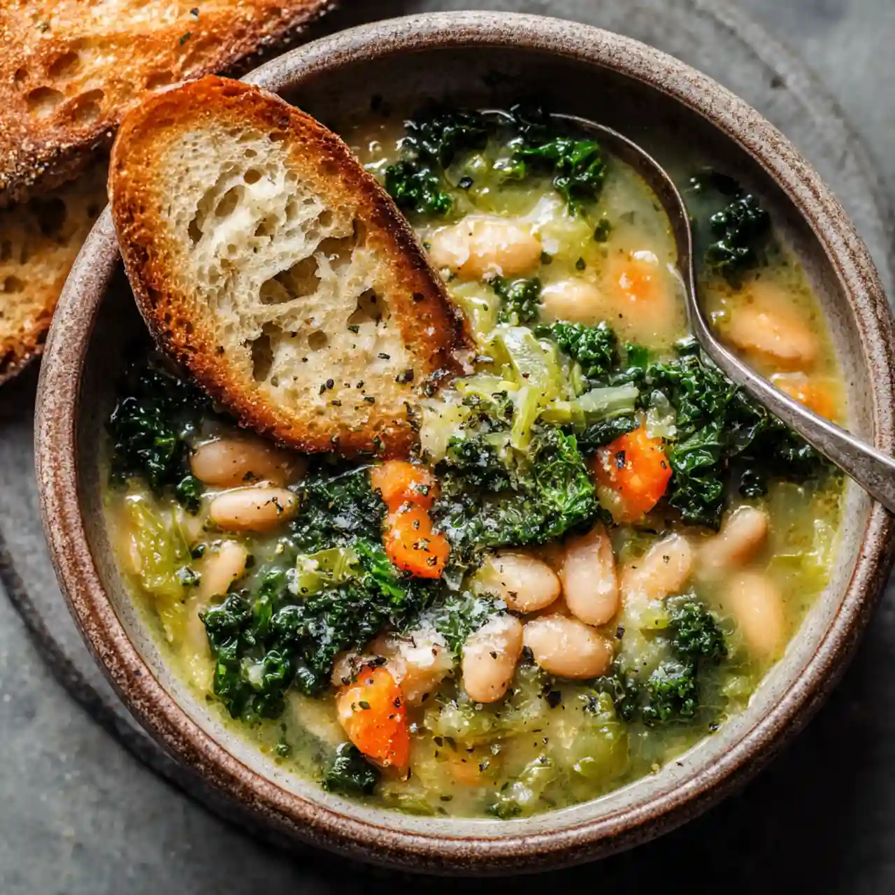 creamy white bean escarole soup in a bowl topped with parmesan and olive oil drizzle