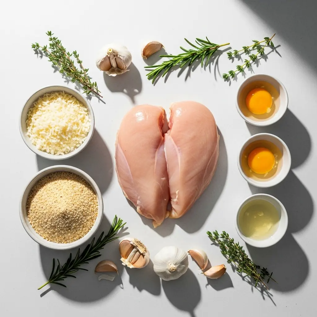 ingredients for crispy parmesan crusted chicken flat lay