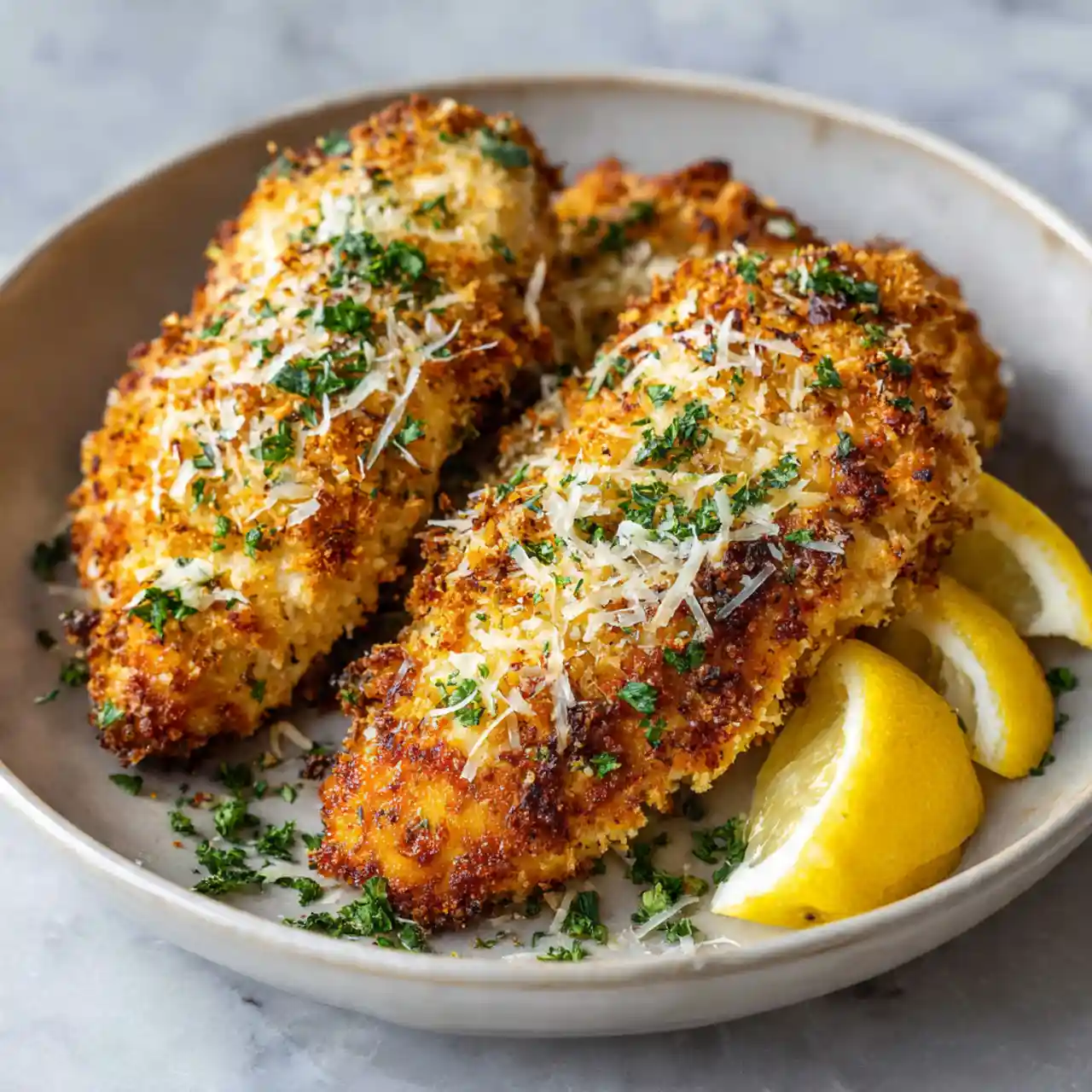 crispy parmesan crusted chicken with golden crust