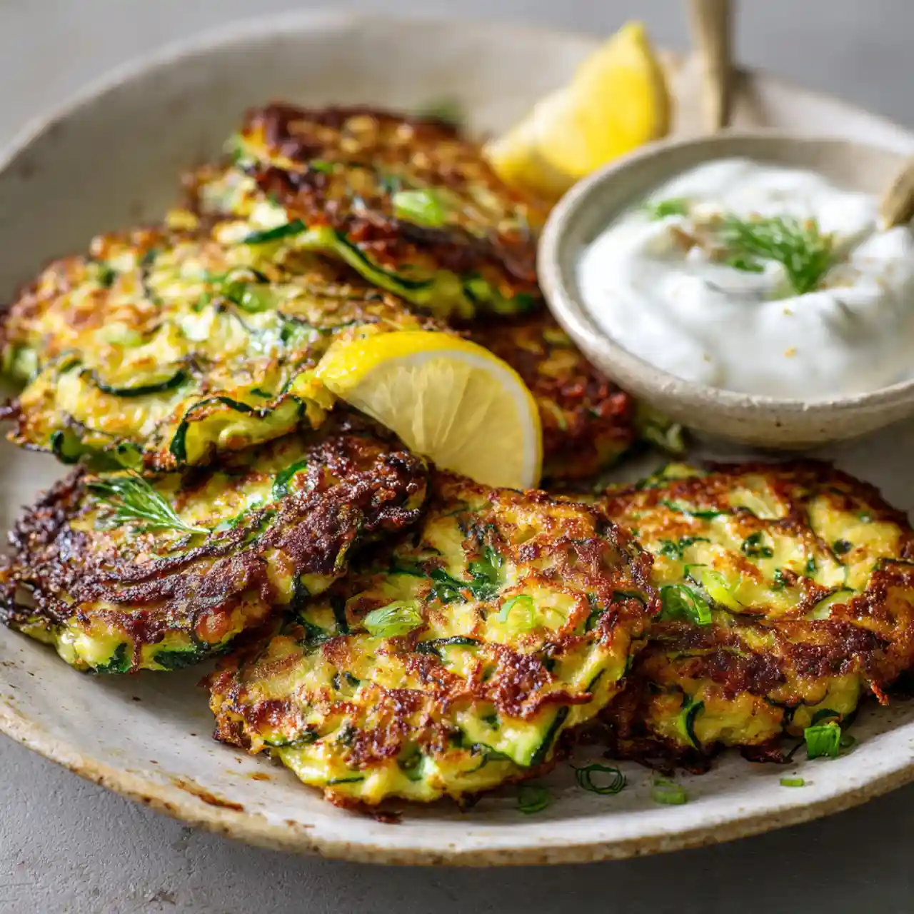crispy zucchini fritters with lemon yogurt sauce