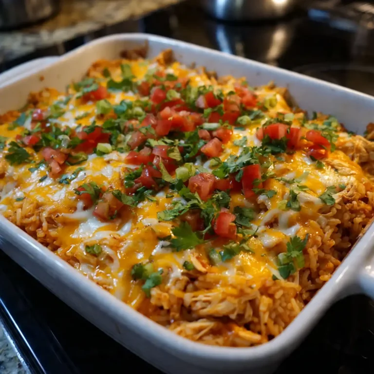 easy chicken enchilada rice casserole baked in dish with cheese on top