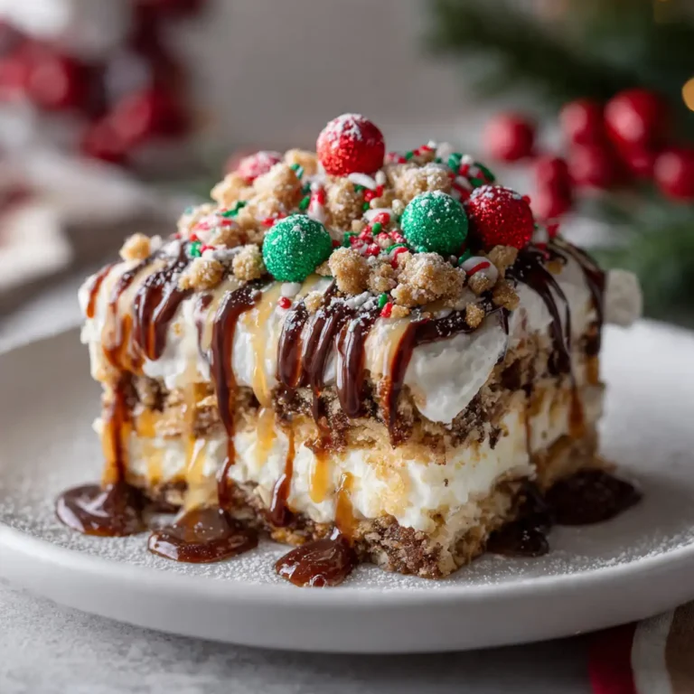 easy christmas cookie lasagna recipe layered with cookies, cream cheese filling, and whipped topping