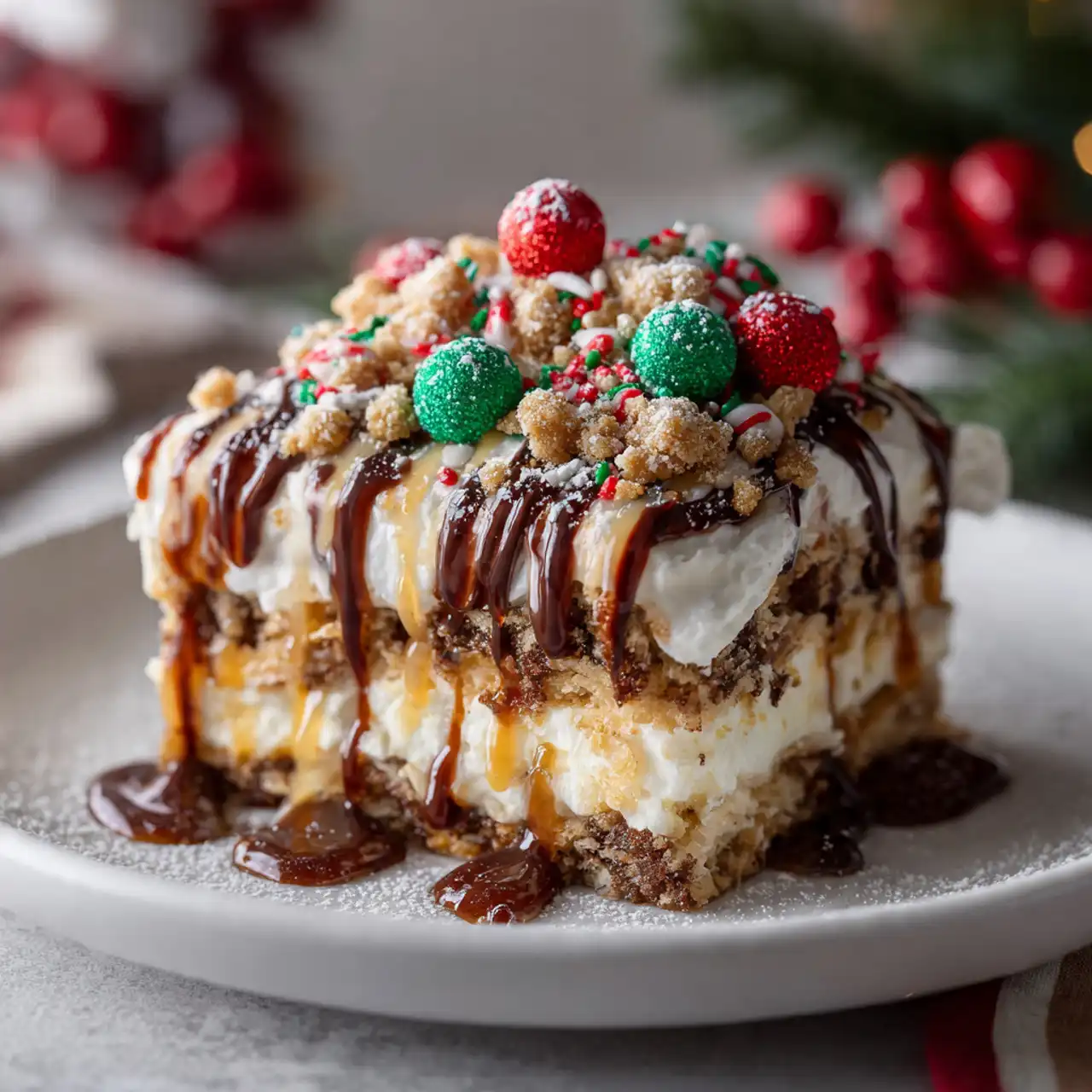 easy christmas cookie lasagna recipe layered with cookies, cream cheese filling, and whipped topping