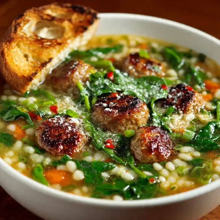 easy Italian wedding soup with meatballs, greens, and pasta in a bowl