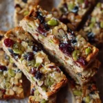 easy no bake granola bars stacked on parchment paper