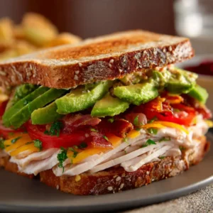 easy turkey avocado club sandwich stacked and sliced