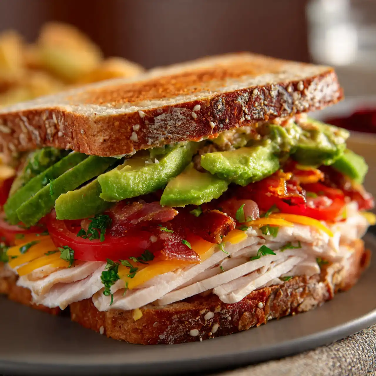 easy turkey avocado club sandwich stacked and sliced