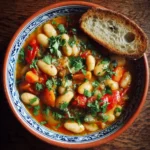 Easy vegan butter bean stew in a bowl with herbs