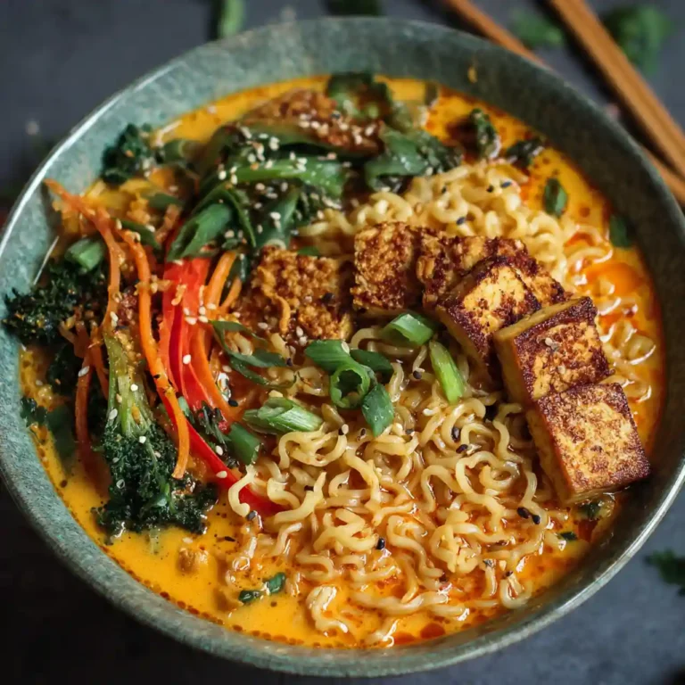 vegan thai red curry ramen in a bowl with noodles, veggies, and creamy broth