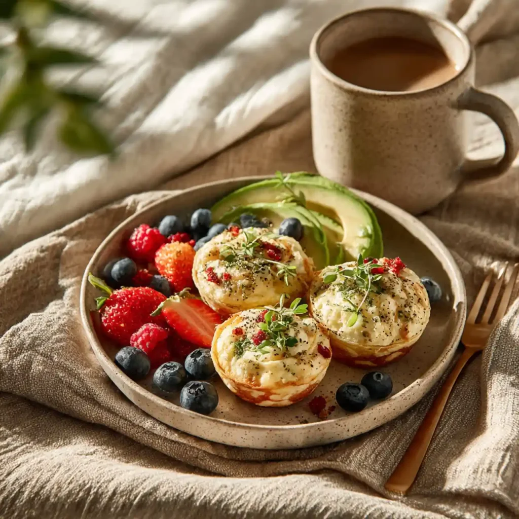 high protein egg white bites served with herbs and fruit