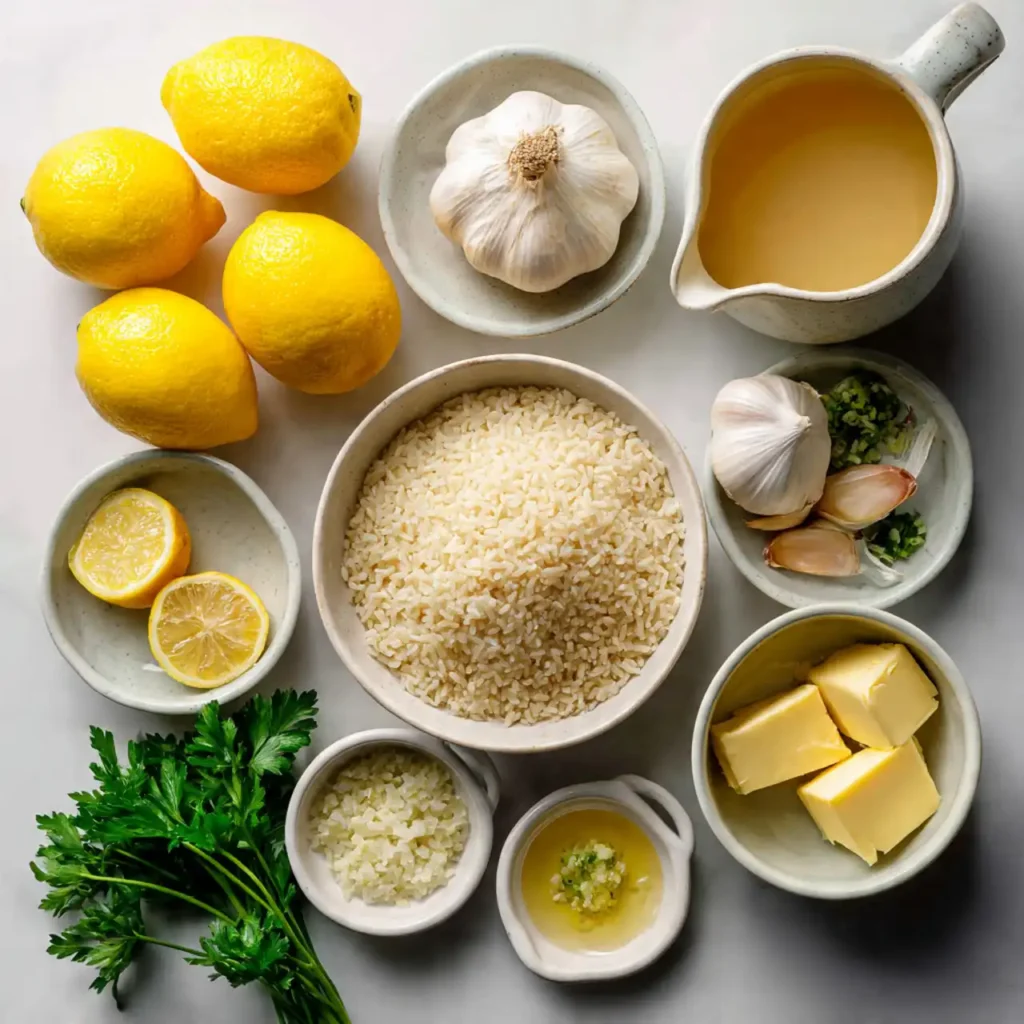 flat lay of ingredients for greek lemon rice