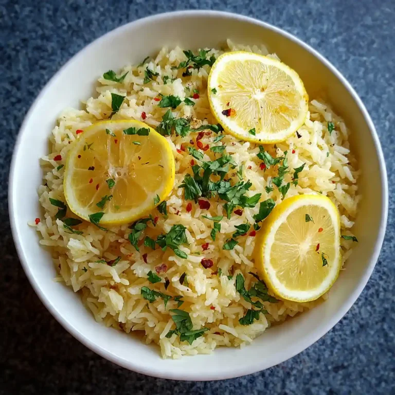 fluffy greek lemon rice garnished with parsley and lemon