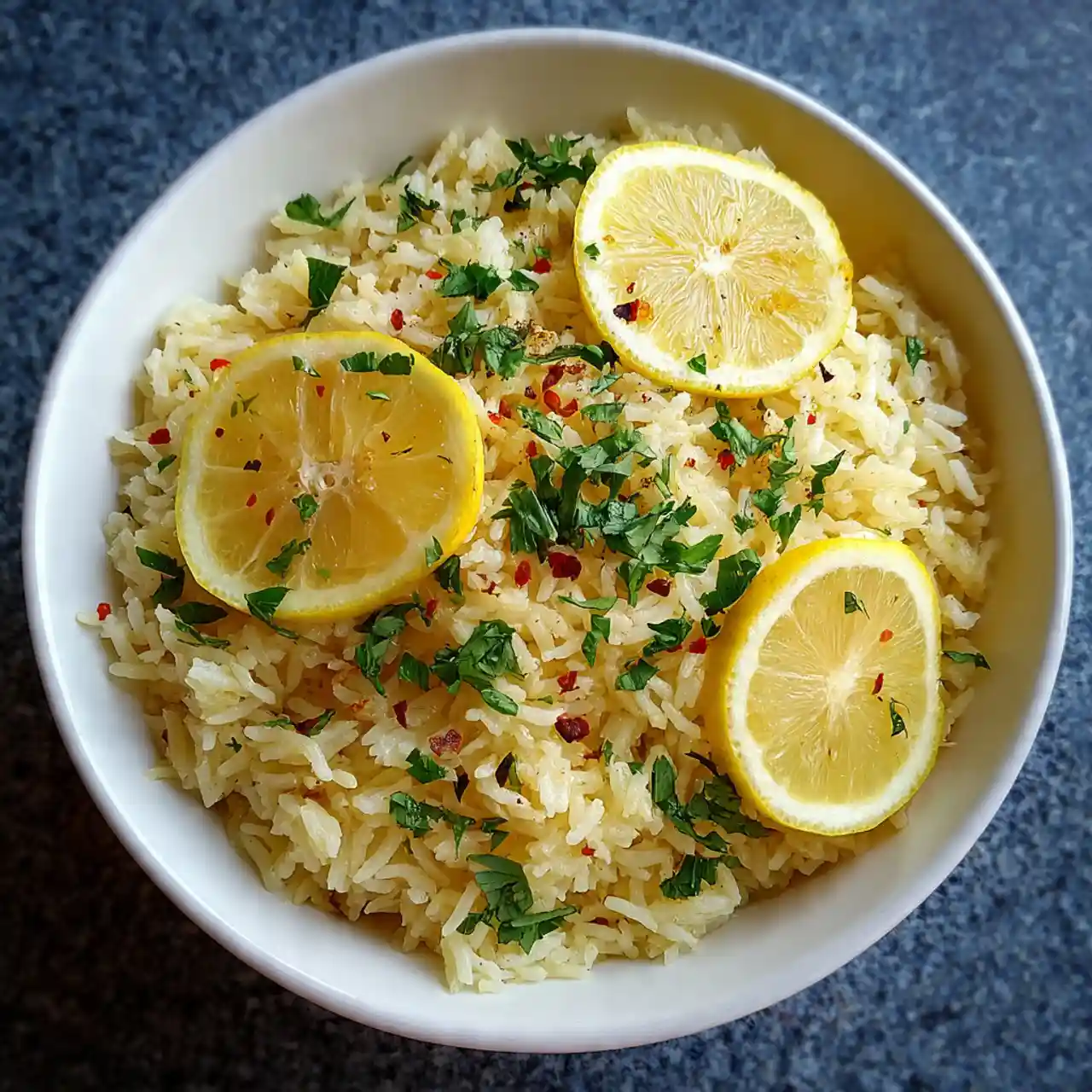 fluffy greek lemon rice garnished with parsley and lemon