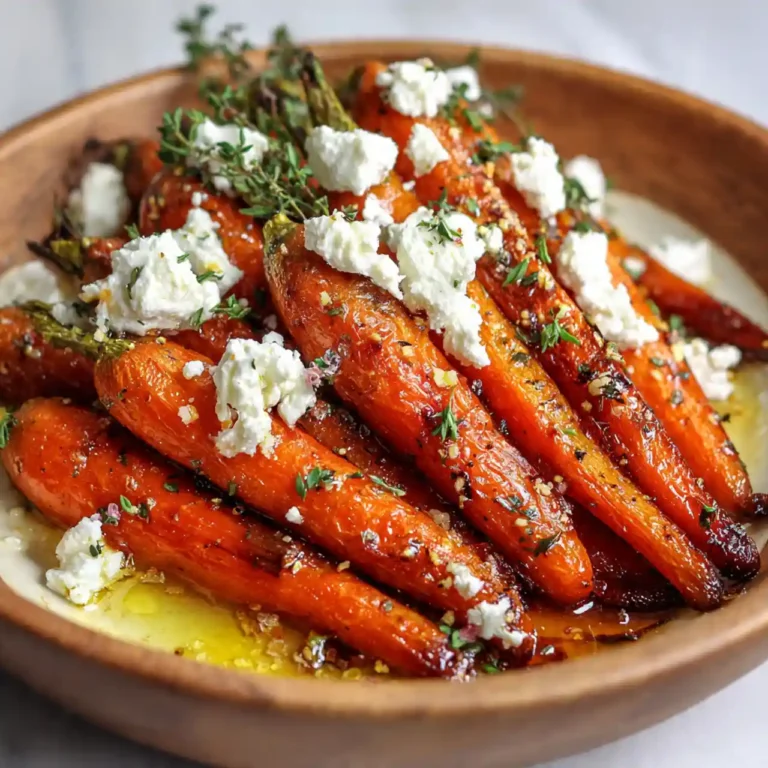 Honey roasted carrots with thyme and goat cheese on a serving platter