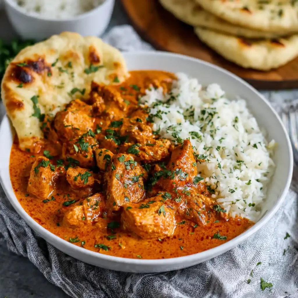 instant pot chicken tikka masala served with rice and naan
