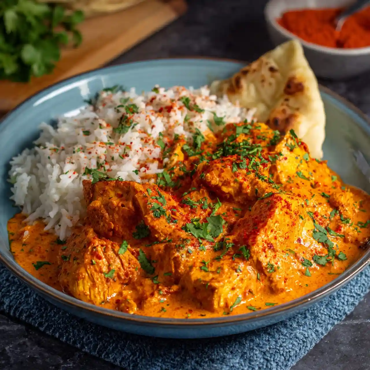 instant pot chicken tikka masala in creamy tomato sauce with cilantro