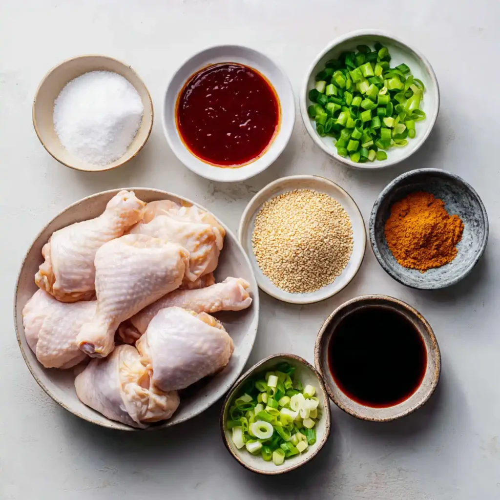 flat lay of ingredients for Korean spicy gochujang chicken