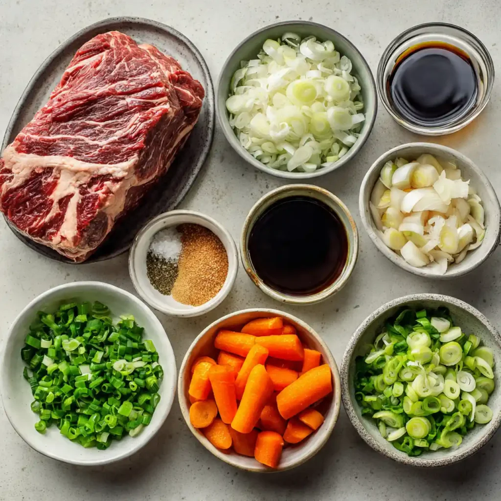 Korean Style Pot Roast Recipe 2 flat lay of ingredients for Korean style pot roast