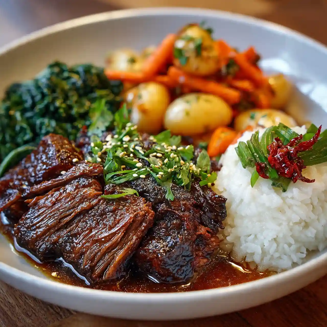 Korean Style Pot Roast Recipe 1 Korean style pot roast with sesame seeds and green onions