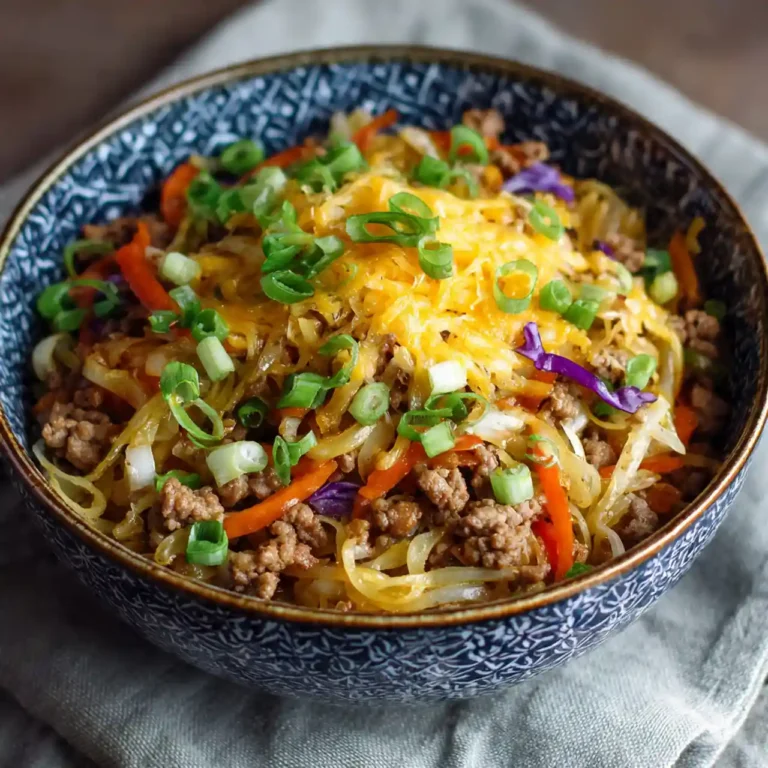 low carb egg roll in a bowl with veggies and ground meat