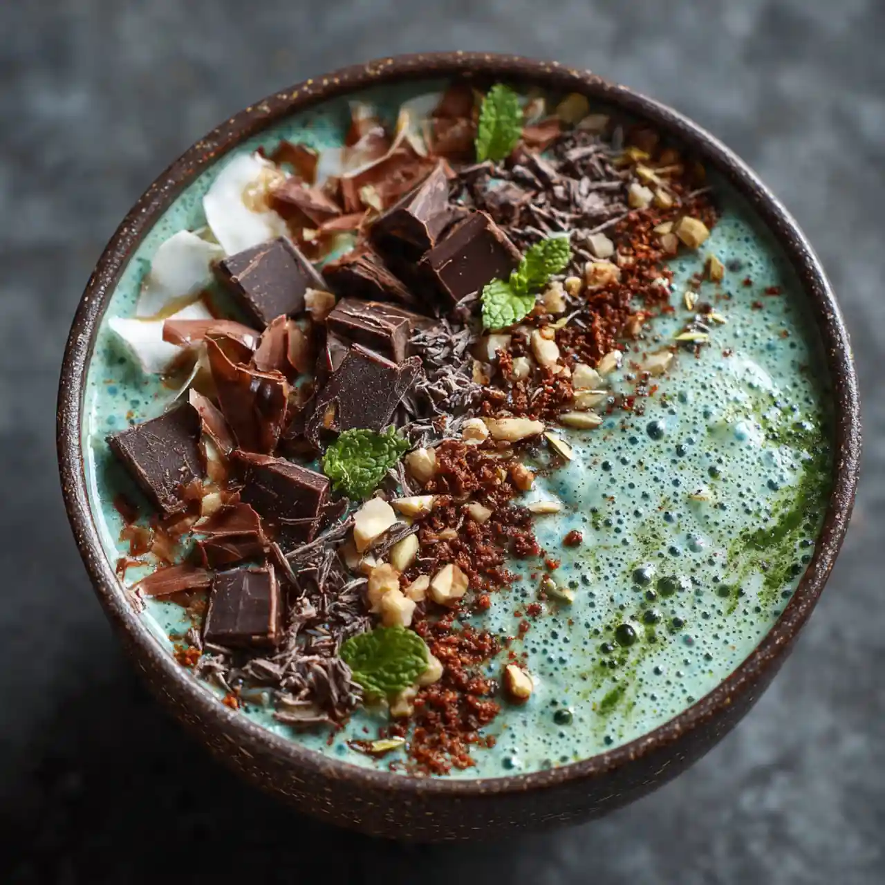 Mint chocolate smoothie bowl topped with granola, chocolate chips, and fresh mint