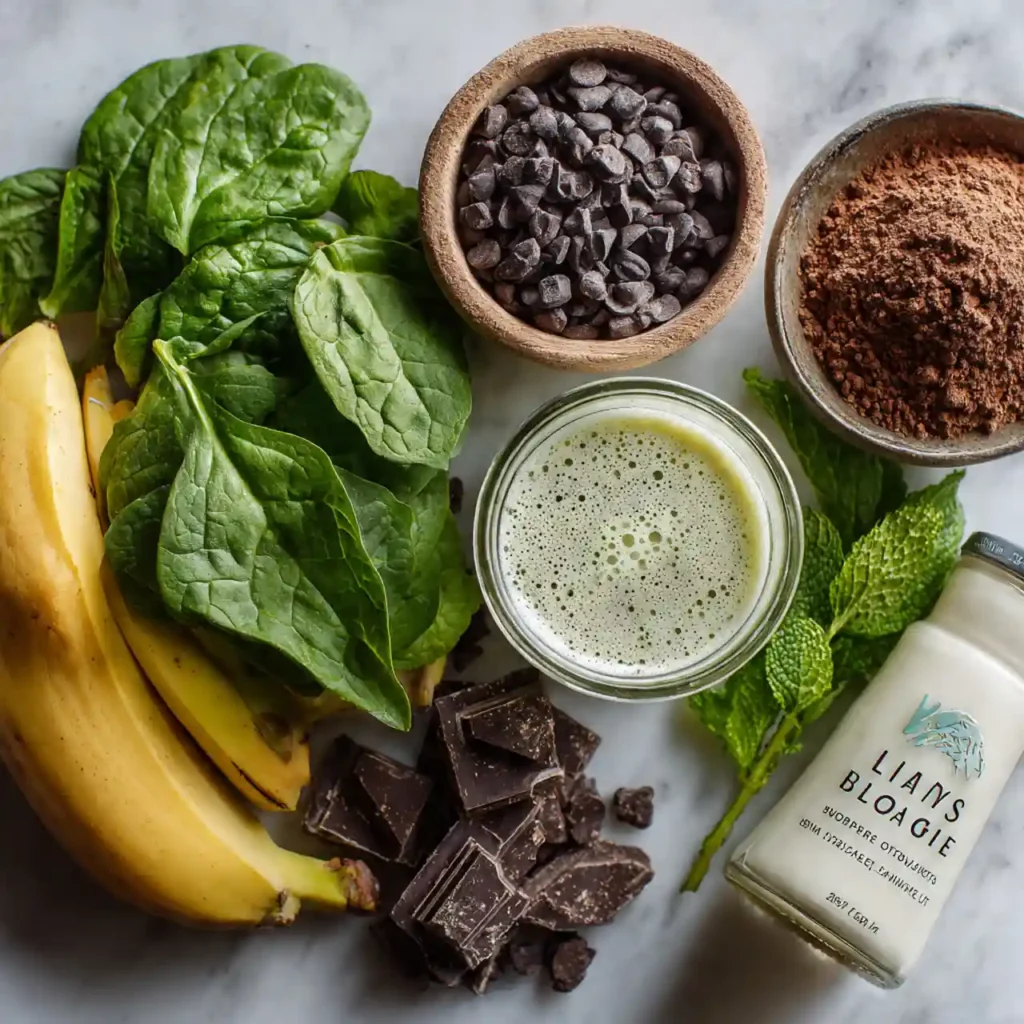Ingredients for mint chocolate smoothie bowl arranged neatly