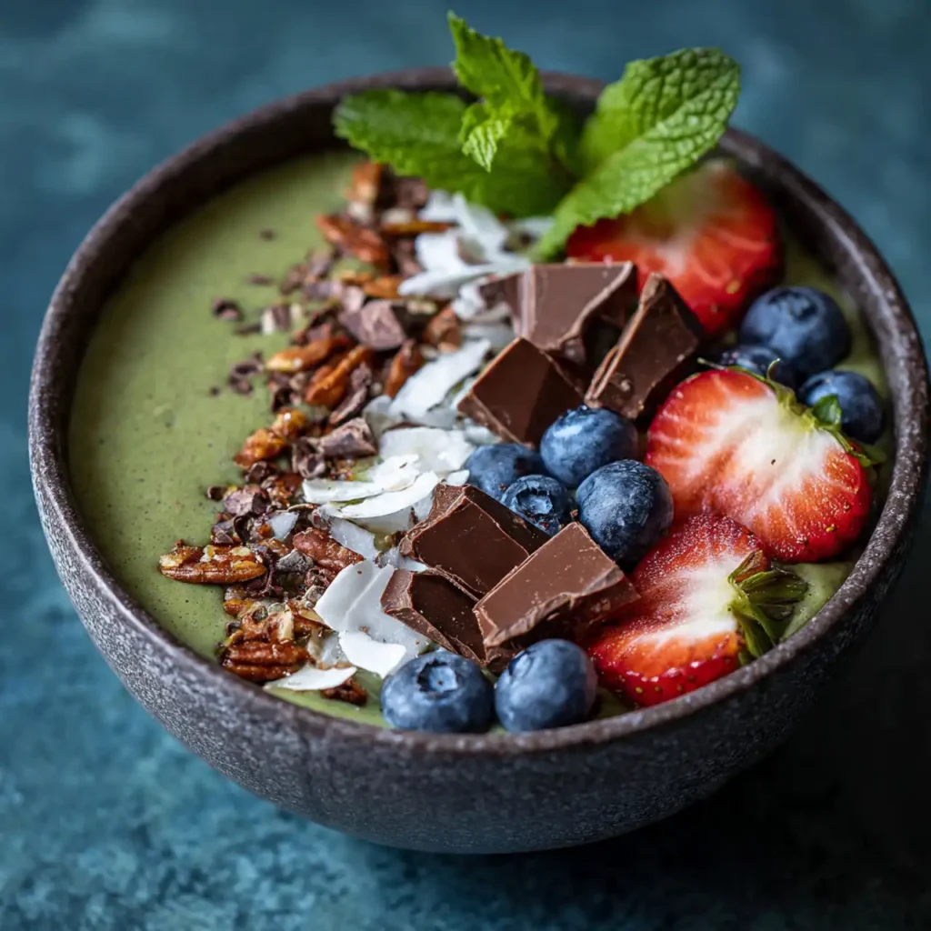 Mint chocolate smoothie bowl in a bowl with toppings