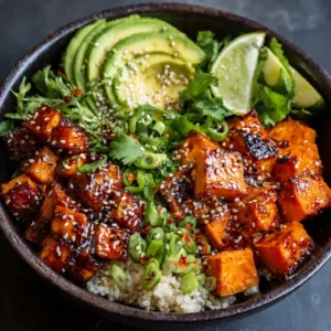 Close-up of miso glazed sweet potato with seeds and microgreens