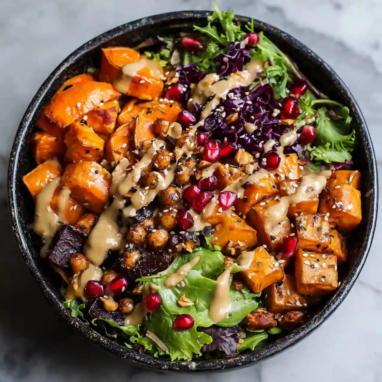 potato-buddha-bowl-hero.jpg Miso glazed sweet potato Buddha bowl with colorful vegetables