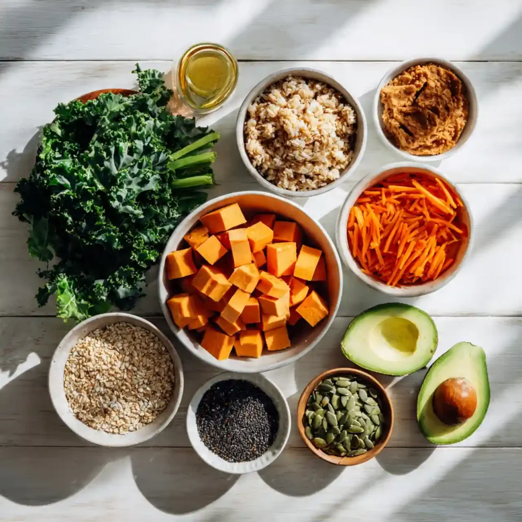 Ingredients for miso glazed sweet potato Buddha bowl arranged overhead