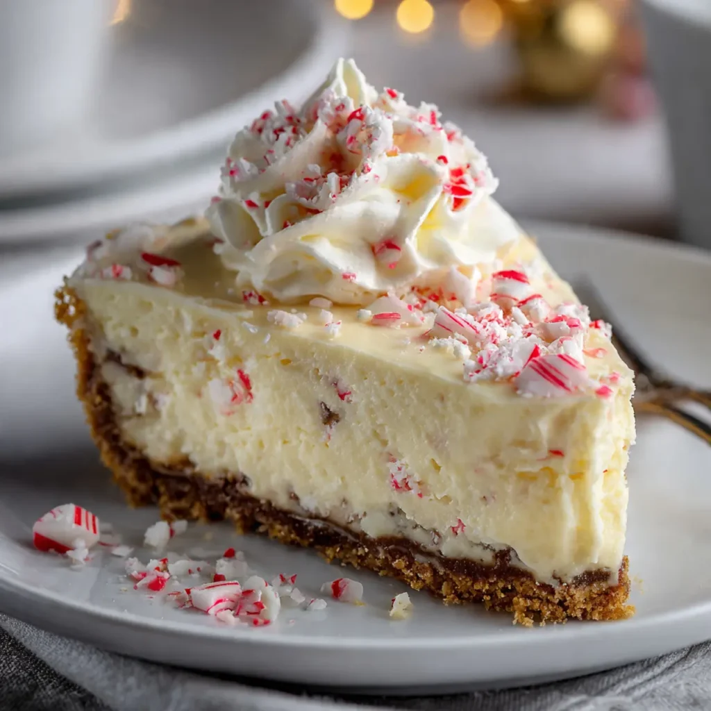 slice of no bake white chocolate peppermint cheesecake