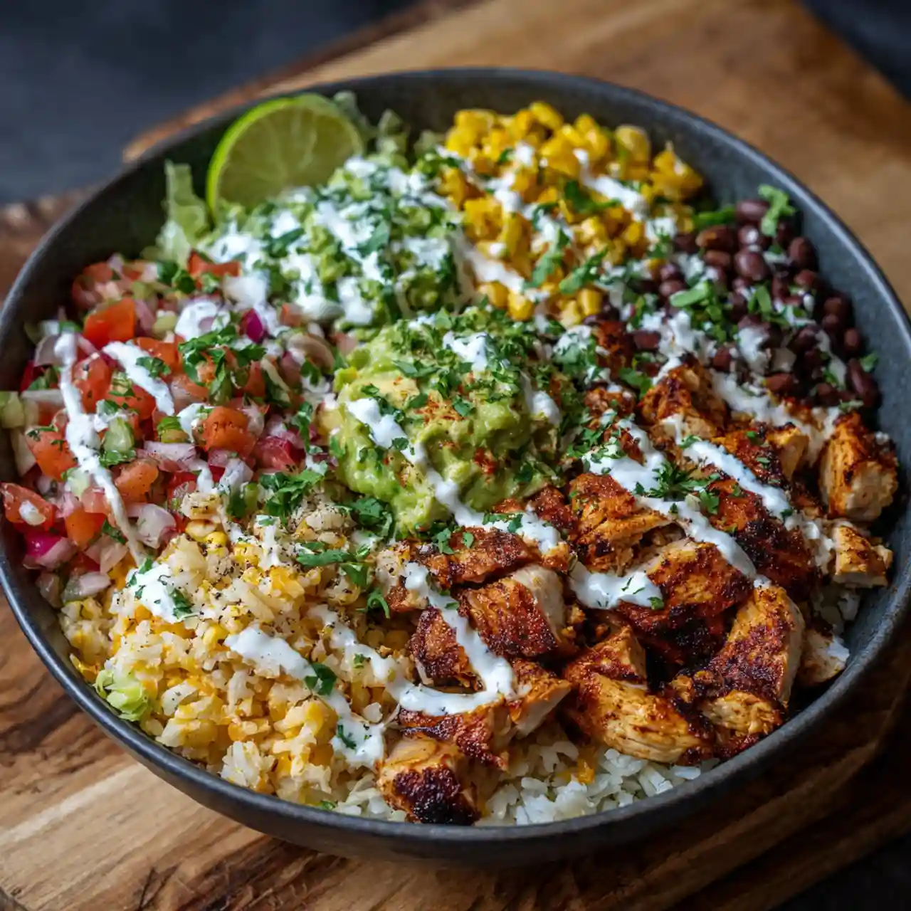 one pan chicken burrito bowl with chicken, rice, beans, and toppings