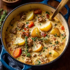 Creamy sausage and potato soup served in a bowl with parsley garnish