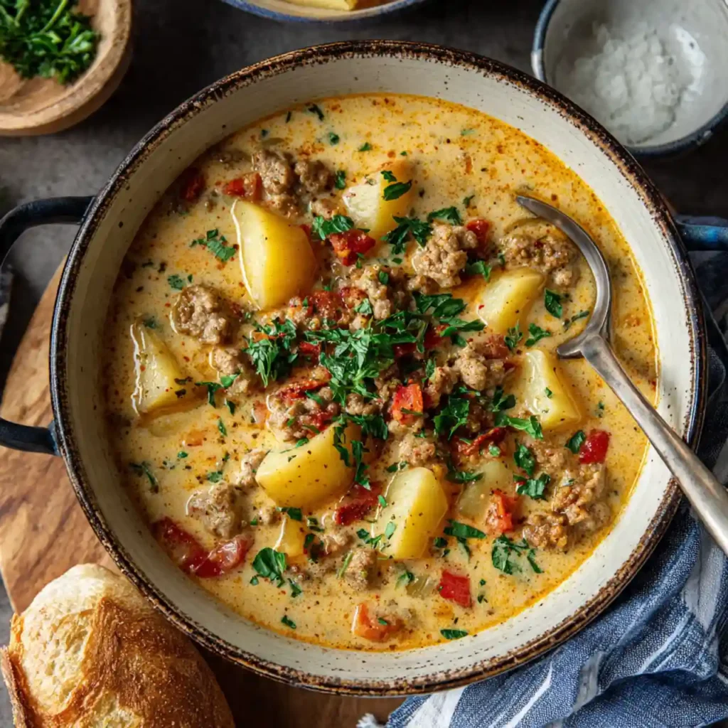 One pot creamy sausage and potato soup served with bread