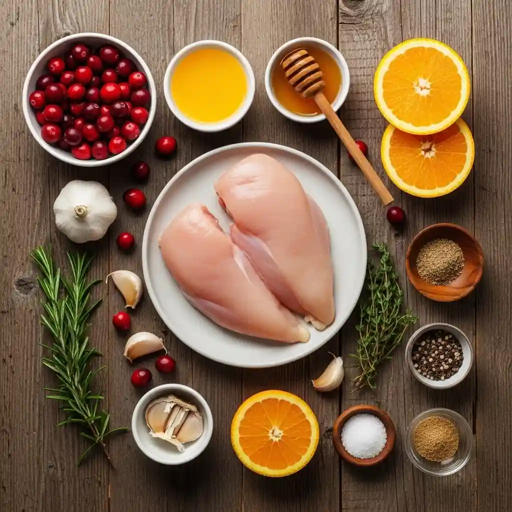 Ingredients for cranberry orange chicken on board