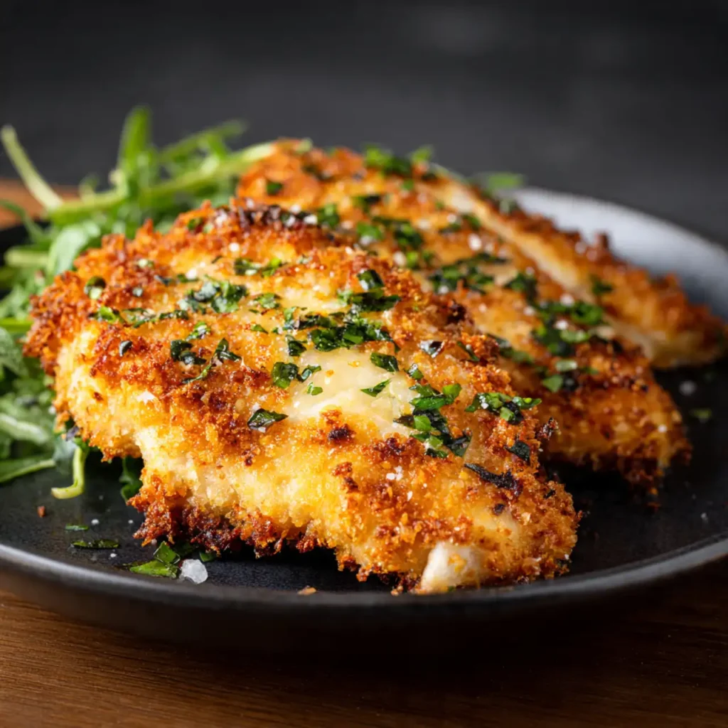 crispy parmesan chicken served with salad